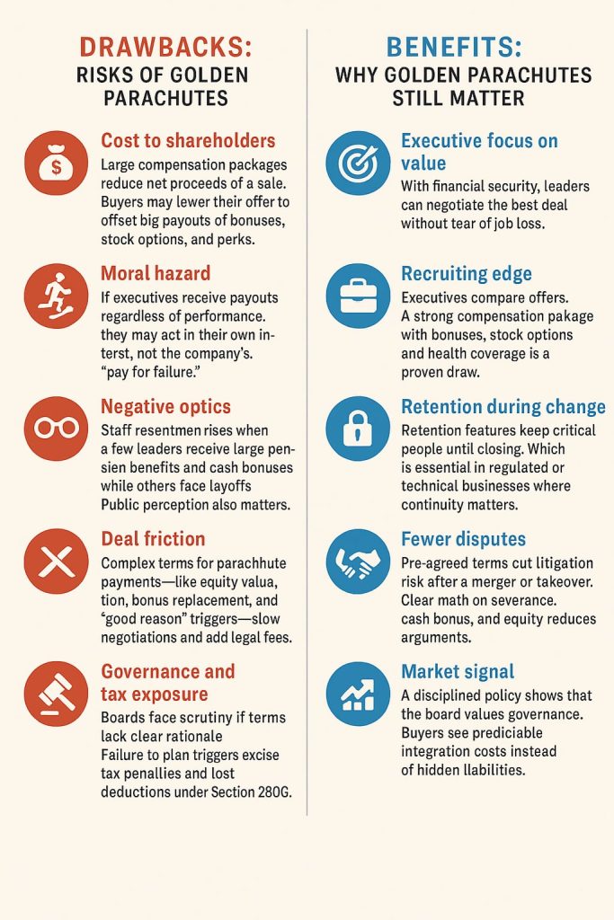 Infographic comparing the drawbacks and benefits of golden parachutes, showing risks like cost to shareholders, moral hazard, negative optics, deal friction, and tax exposure versus benefits like executive focus on value, recruiting edge, retention during change, fewer disputes, and market signal.