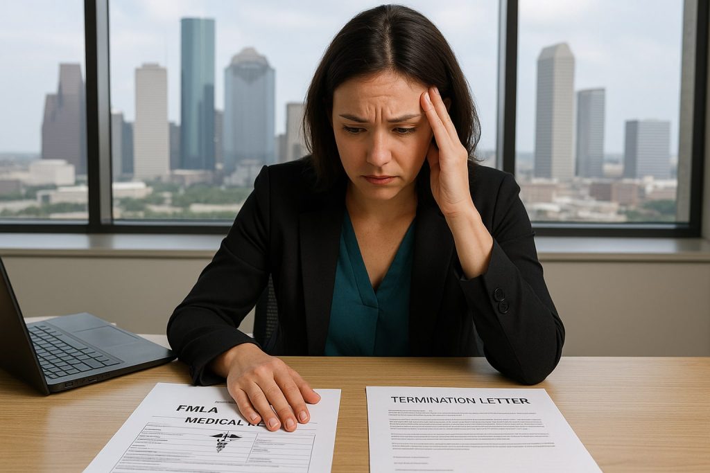 An employee in a Houston office looks stressed while reviewing both an FMLA medical leave form and a termination letter at her desk, with the Houston skyline visible in the background.