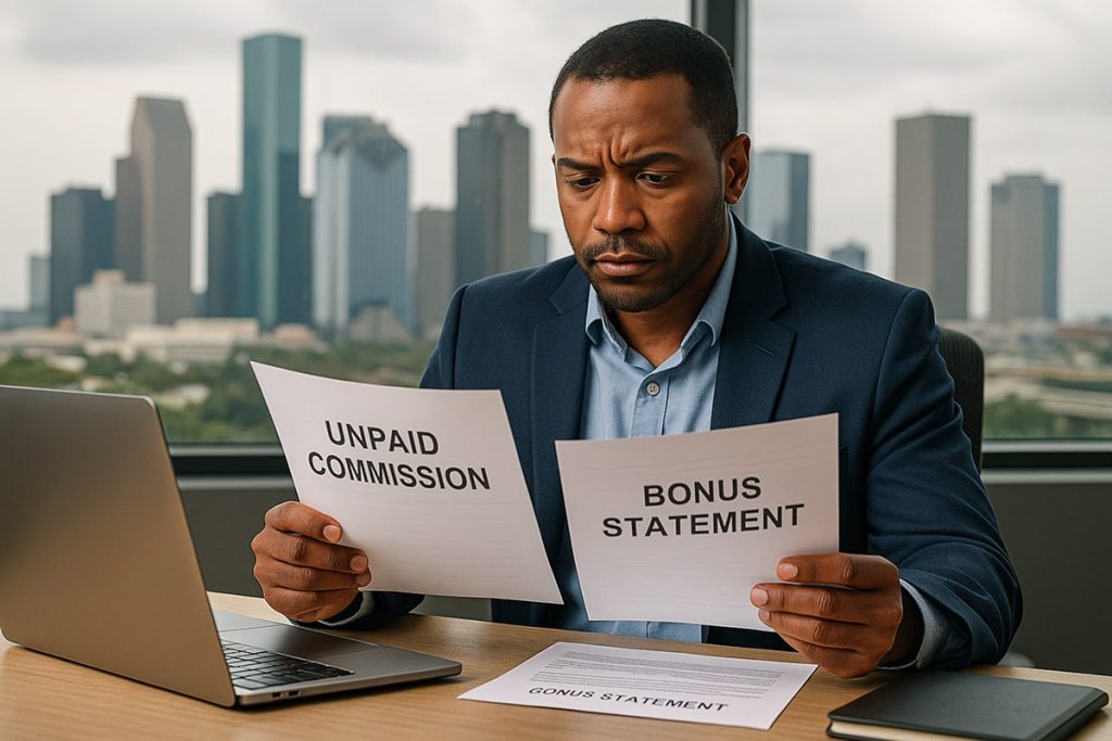 A professional employee in a modern Houston office reviewing unpaid commission and bonus statement paperwork at their desk, with the Houston skyline visible through the window, representing workplace fairness and compensation disputes.