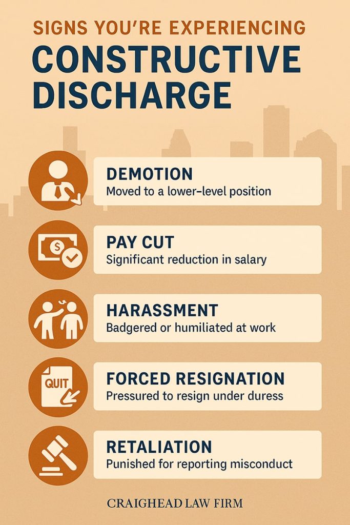 Infographic titled “Signs You’re Experiencing Constructive Discharge” featuring five key warning signs for Texas employees: demotion, pay cut, harassment, forced resignation, and retaliation. Each sign includes a simple icon and short explanation, set against a clean Texas-themed color palette with a faint Houston skyline in the background. The Craighead Law Firm logo appears at the bottom. The design is vertical and mobile-friendly to improve readability and accessibility for users learning about constructive discharge in Texas workplaces.