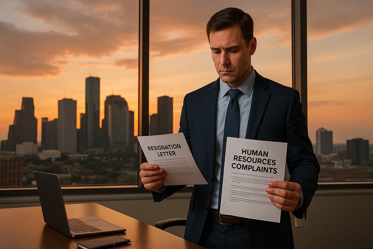 A professional employee in a modern Houston office holding a resignation letter and HR complaint documents at sunset, with the Houston skyline visible through the window, representing constructive discharge and forced resignation in Texas.