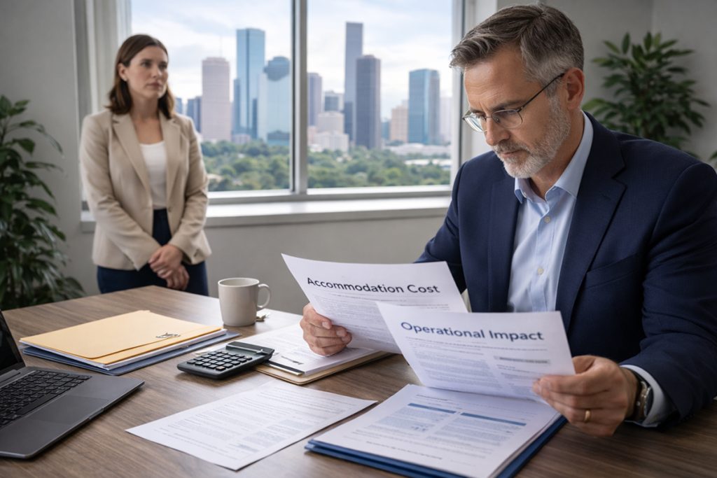 Employer reviewing accommodation costs and operational impact in a Houston workplace, representing ADA undue hardship evaluation.