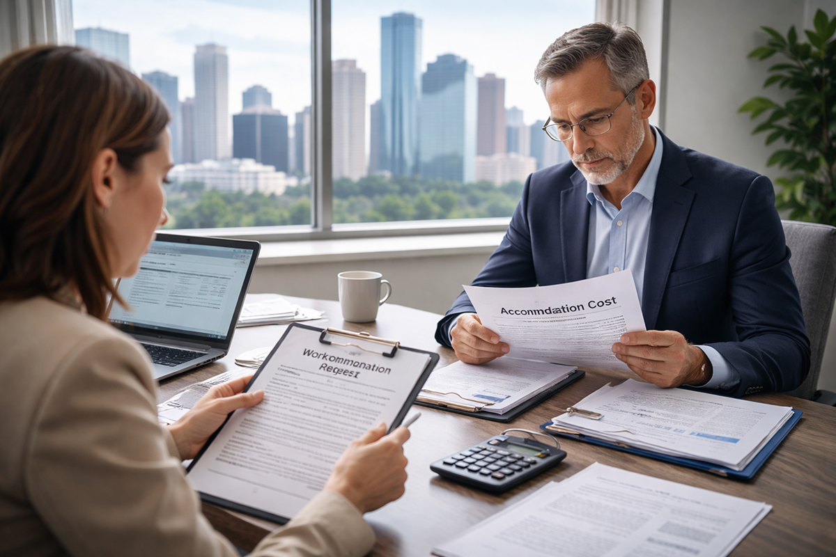 Employee and employer in a Houston office reviewing a workplace accommodation request, illustrating undue hardship analysis under the ADA in Texas employment law.