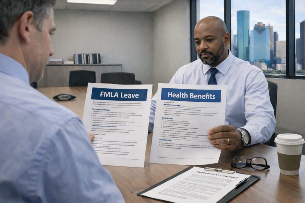 Employer reviewing FMLA leave and health insurance documents, showing employer obligations under federal FMLA law.