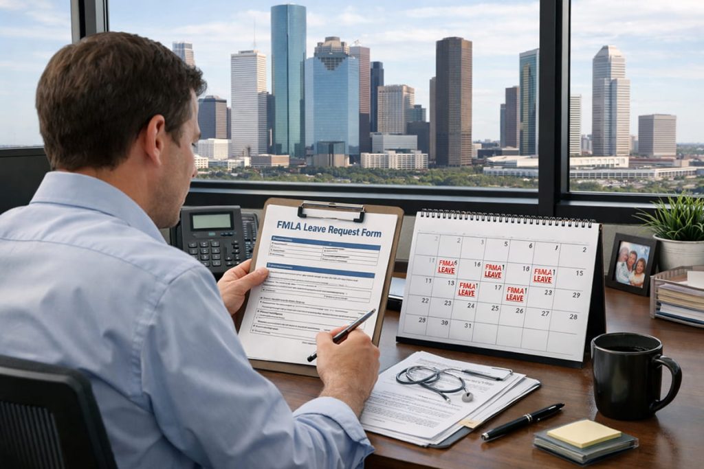 Employee in a Houston office reviewing medical documents and work schedule, representing FMLA leave rights under the Family and Medical Leave Act.