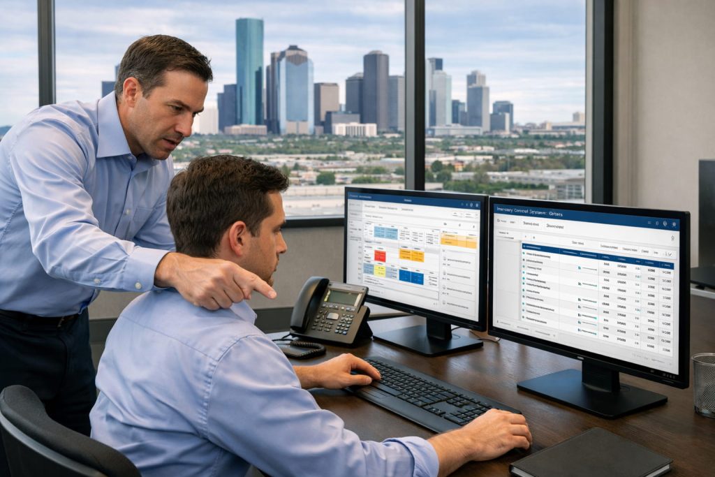Manager supervising employee work in a Houston office, showing behavioral control in independent contractor vs employee classification.
