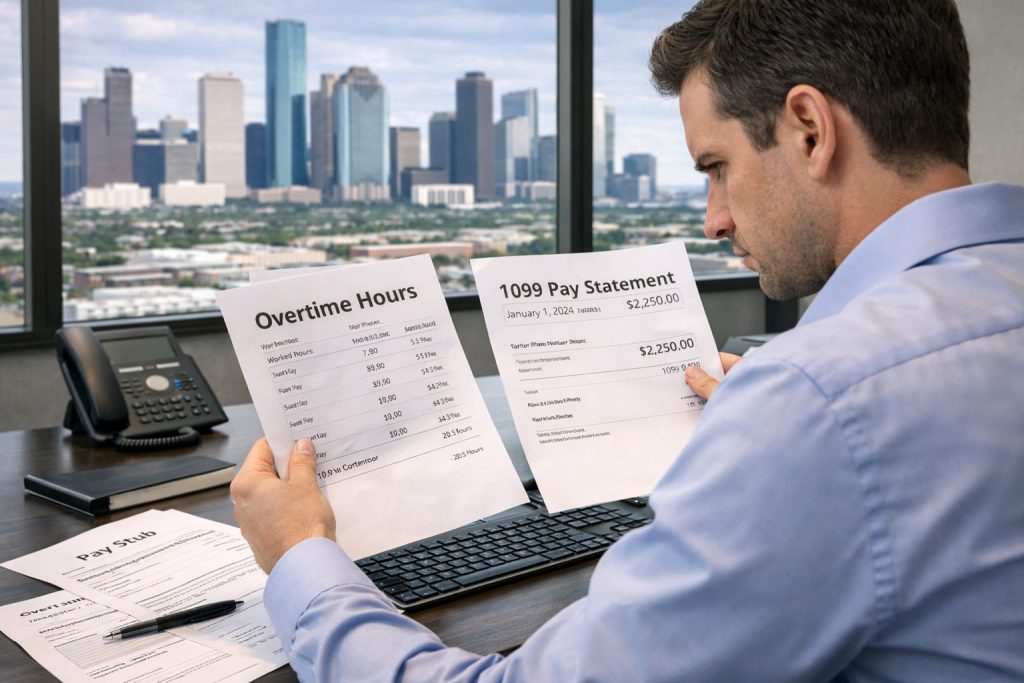 Houston worker reviewing overtime and 1099 pay records, representing wage theft and independent contractor misclassification.