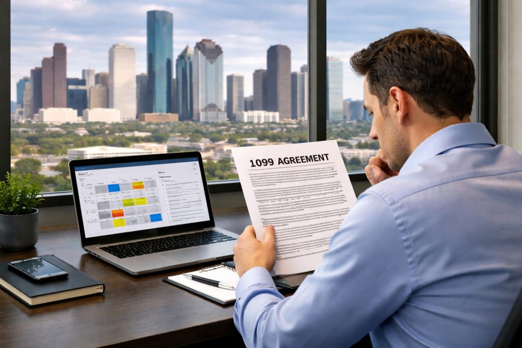 Houston worker reviewing a 1099 agreement and work schedule, illustrating independent contractor vs employee classification issues.