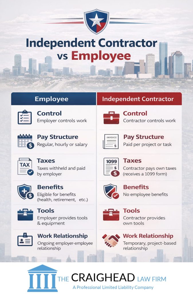 Infographic comparing independent contractor vs employee classification, showing differences in control, pay, taxes, benefits, and work relationship.