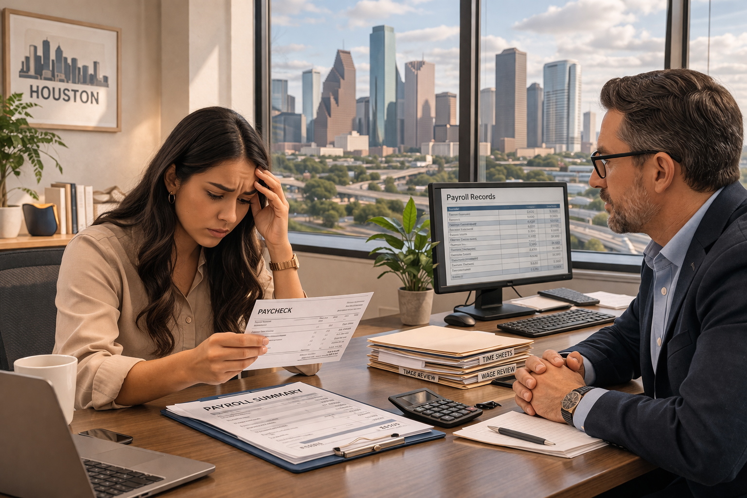 Employee reviewing paycheck with employer in Houston office, illustrating wage theft and unpaid wages dispute
