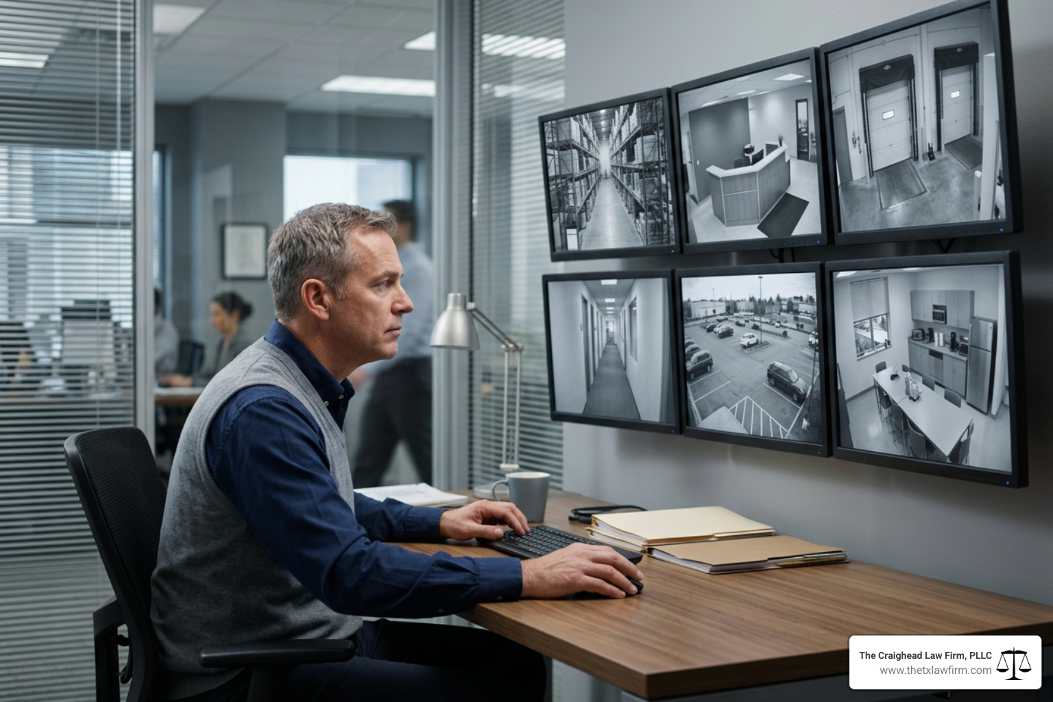 Manager monitoring workplace security camera feeds from multiple areas